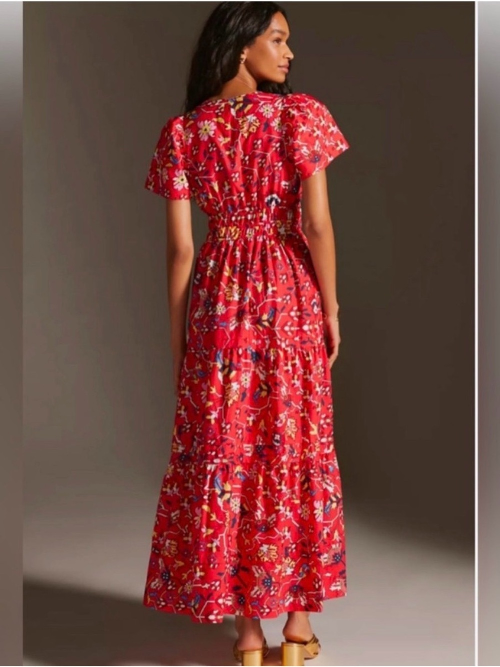 Anthropologie XL Somerset Red Tiered Short Sleeve Maxi with Multicolor Print - Picture 3 of 5